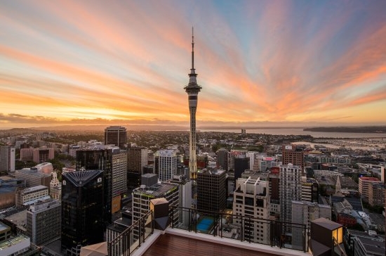 View of the Sky Tower against the skyline of Auckland, New Zealand