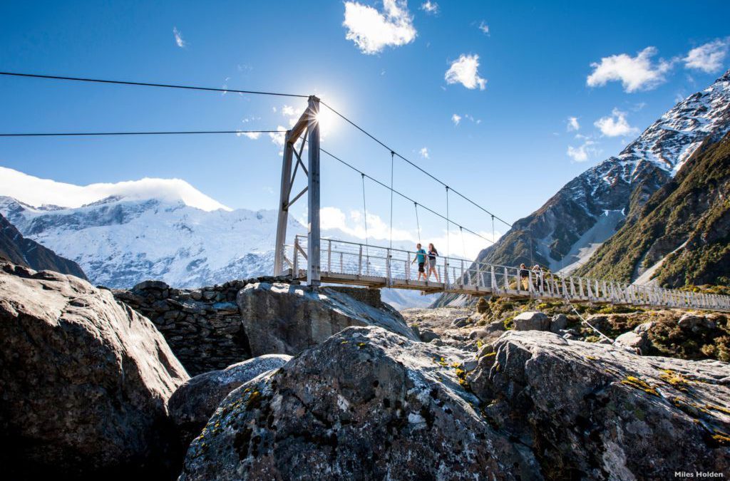 Suspension Bridge Walk on the Hooker Valley Track at Mount Cook National Park, New Zealand