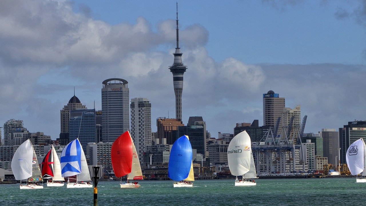 Colourful sailboats in a harbour