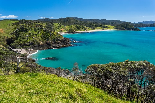 A coastal bay with blue water